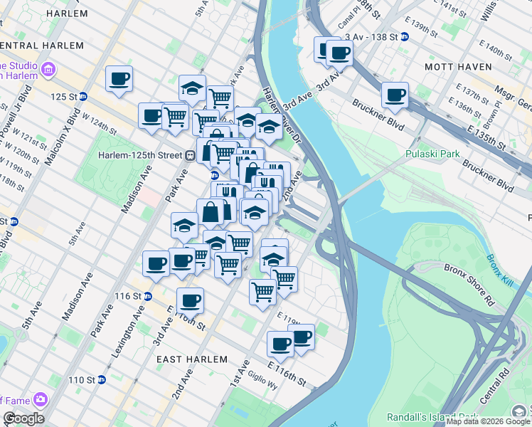 map of restaurants, bars, coffee shops, grocery stores, and more near 245 East 124th Street in New York