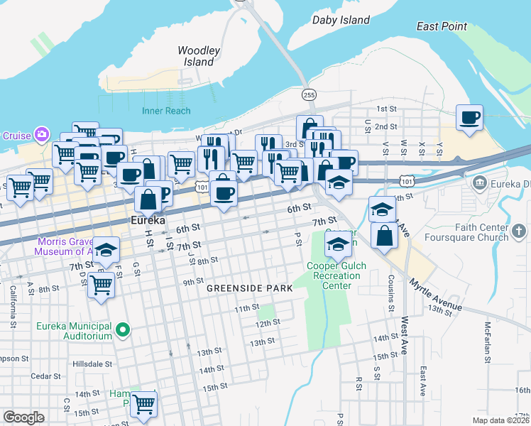 map of restaurants, bars, coffee shops, grocery stores, and more near 510 O Street in Eureka