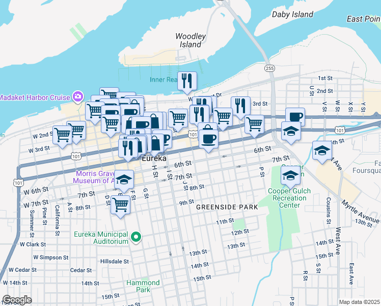 map of restaurants, bars, coffee shops, grocery stores, and more near in Eureka