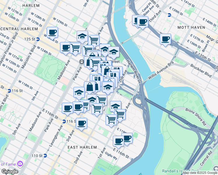 map of restaurants, bars, coffee shops, grocery stores, and more near 224 East 125th Street in New York