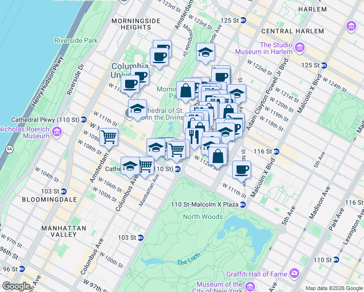 map of restaurants, bars, coffee shops, grocery stores, and more near in New York