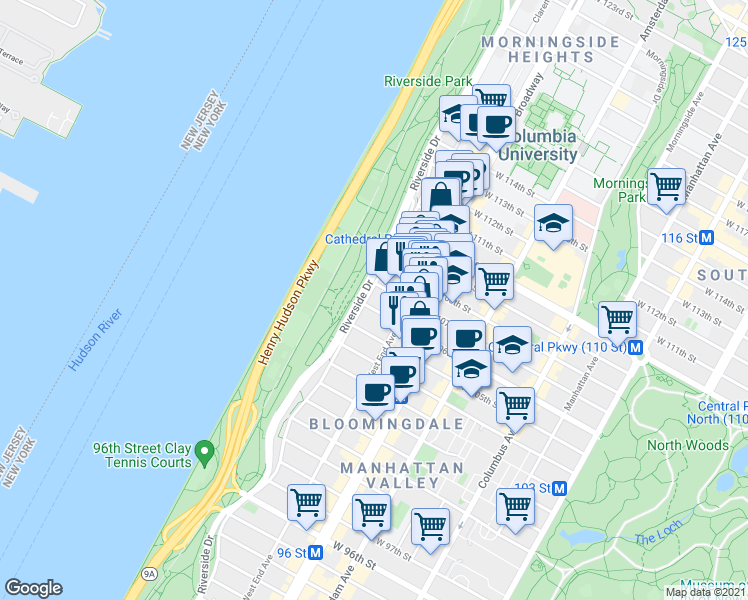 map of restaurants, bars, coffee shops, grocery stores, and more near 400 West 107th Street in New York