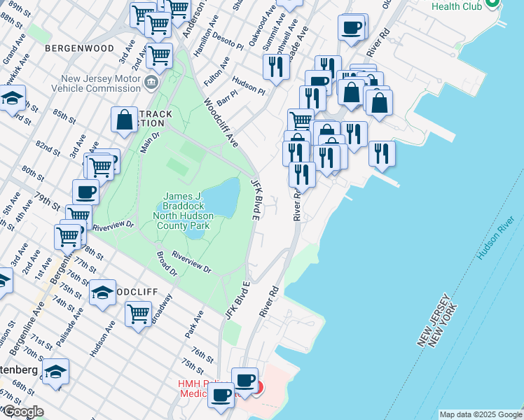map of restaurants, bars, coffee shops, grocery stores, and more near 8800 John F. Kennedy Boulevard in North Bergen