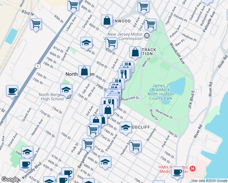 map of restaurants, bars, coffee shops, grocery stores, and more near 600 80th Street in North Bergen