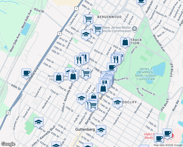 map of restaurants, bars, coffee shops, grocery stores, and more near 901 79th Street in North Bergen