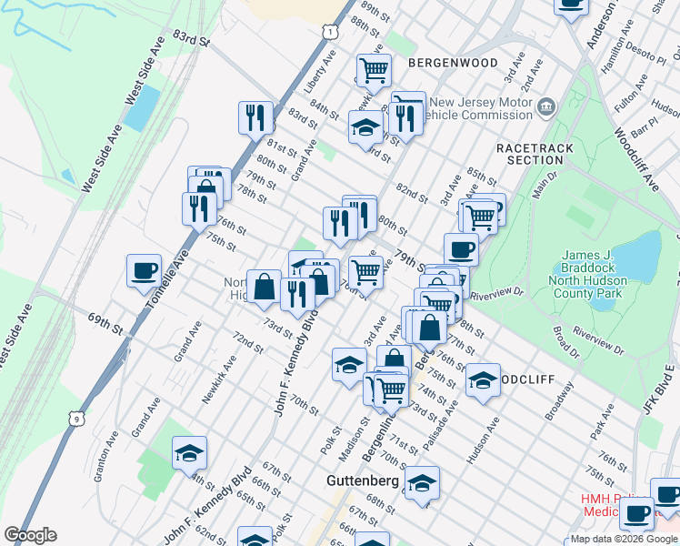 map of restaurants, bars, coffee shops, grocery stores, and more near 7612 Smith Avenue in North Bergen