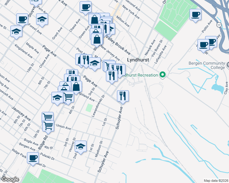 map of restaurants, bars, coffee shops, grocery stores, and more near 750 Orient Way in Lyndhurst