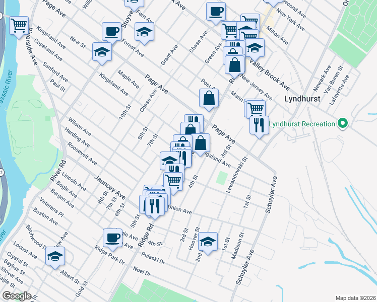 map of restaurants, bars, coffee shops, grocery stores, and more near 544 Kingsland Avenue in Lyndhurst