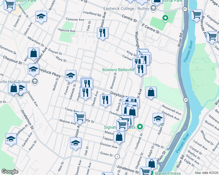 map of restaurants, bars, coffee shops, grocery stores, and more near 136 Bell Street in Belleville