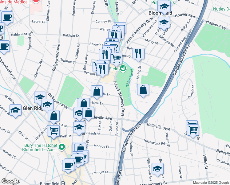 map of restaurants, bars, coffee shops, grocery stores, and more near 6 Almira Street in Bloomfield