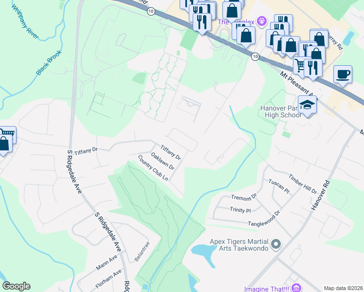 map of restaurants, bars, coffee shops, grocery stores, and more near 21 Silver Spring Court in East Hanover