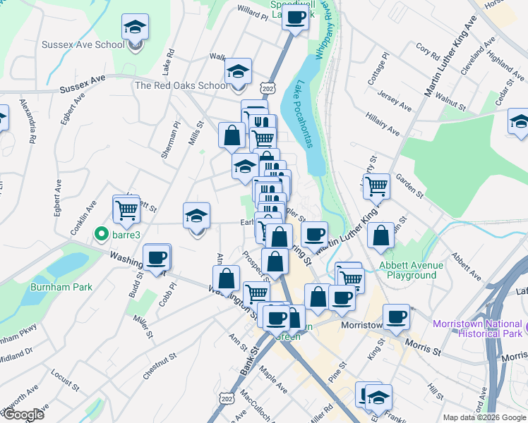 map of restaurants, bars, coffee shops, grocery stores, and more near 152 Speedwell Avenue in Morristown