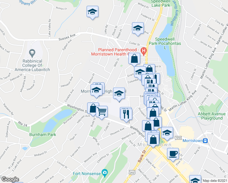 map of restaurants, bars, coffee shops, grocery stores, and more near 15 Harrison Street in Morristown