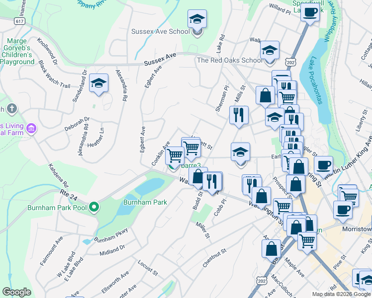 map of restaurants, bars, coffee shops, grocery stores, and more near 36 Colonial Road in Morristown