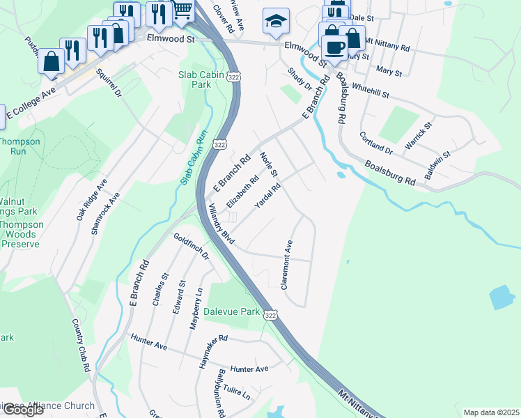 map of restaurants, bars, coffee shops, grocery stores, and more near 1400-1698 Yardal Road in State College