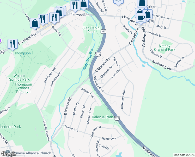 map of restaurants, bars, coffee shops, grocery stores, and more near 1500-1698 East Branch Road in State College