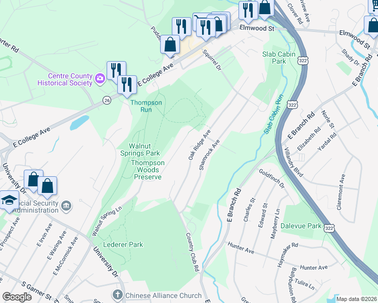map of restaurants, bars, coffee shops, grocery stores, and more near 771-799 Walnut Spring Ln in State College