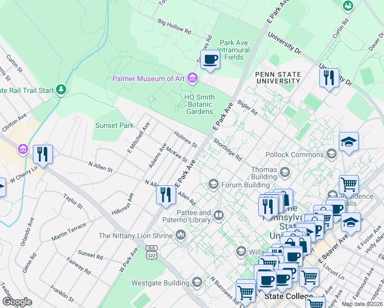 map of restaurants, bars, coffee shops, grocery stores, and more near 520 Holmes Street in State College
