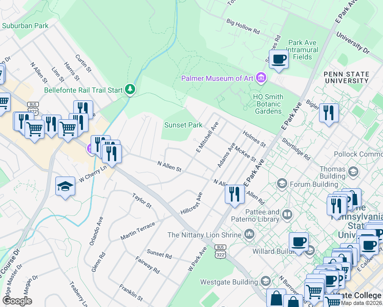 map of restaurants, bars, coffee shops, grocery stores, and more near 814 Jackson Circle in State College