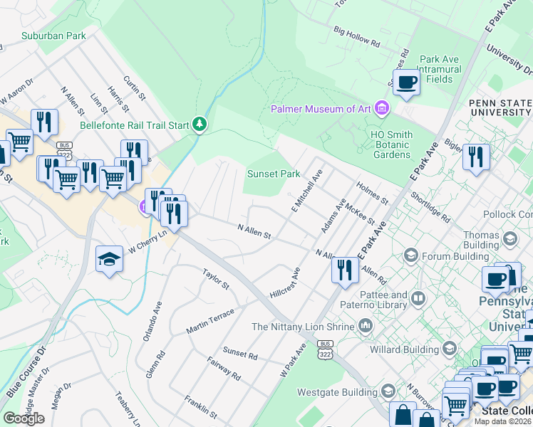 map of restaurants, bars, coffee shops, grocery stores, and more near 800-898 Thomas St in State College