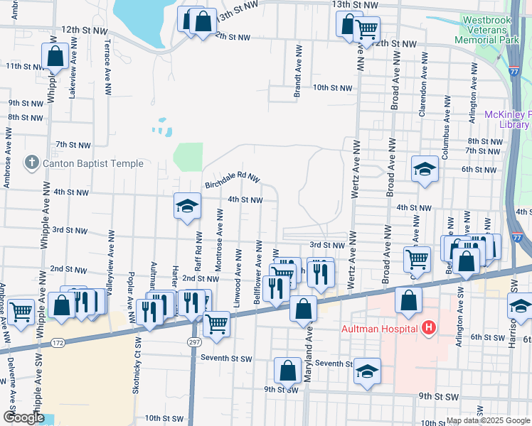 map of restaurants, bars, coffee shops, grocery stores, and more near 402 Bellflower Avenue Northwest in Canton