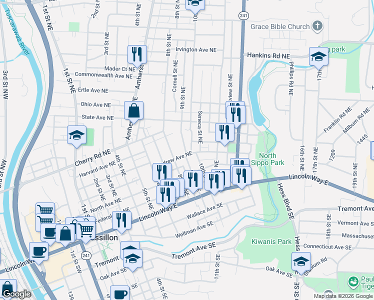 map of restaurants, bars, coffee shops, grocery stores, and more near 435 9th Street Northeast in Massillon