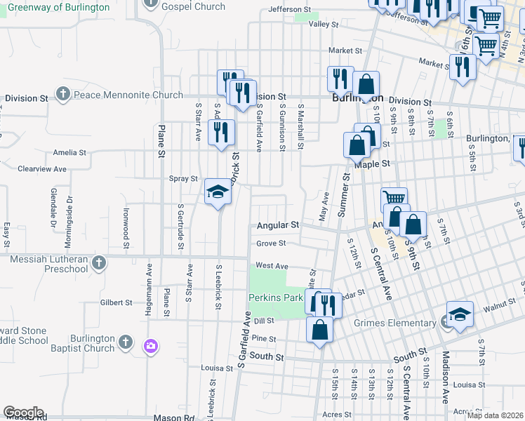 map of restaurants, bars, coffee shops, grocery stores, and more near 1451 Cleveland Ave in Burlington