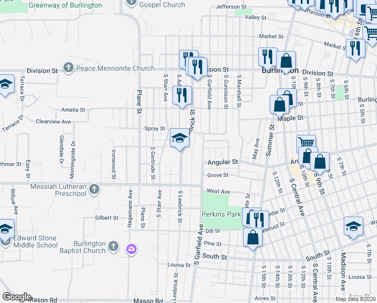 map of restaurants, bars, coffee shops, grocery stores, and more near 628 South Leebrick Street in Burlington