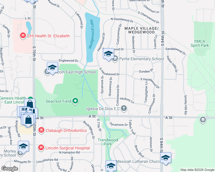 map of restaurants, bars, coffee shops, grocery stores, and more near 920 Rosewood Drive in Lincoln