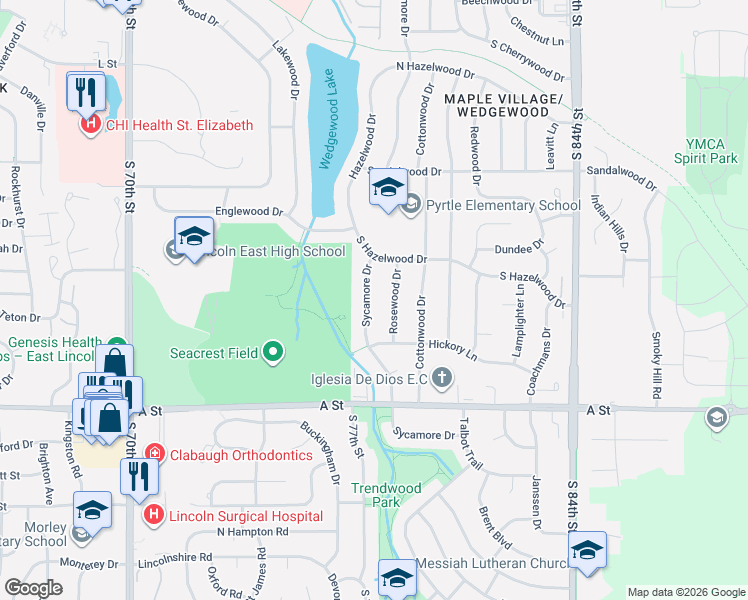map of restaurants, bars, coffee shops, grocery stores, and more near 931 Sycamore Drive in Lincoln