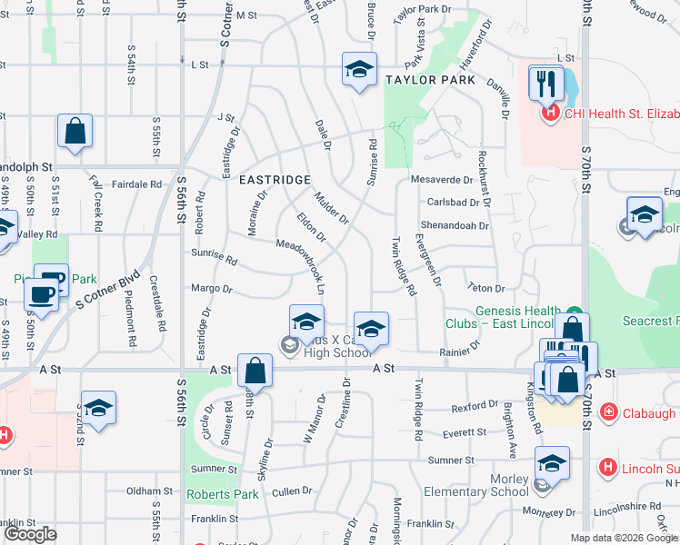 map of restaurants, bars, coffee shops, grocery stores, and more near 1116 Eldon Drive in Lincoln