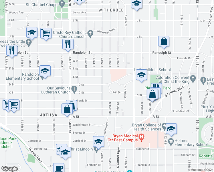 map of restaurants, bars, coffee shops, grocery stores, and more near 4530 Valley Road in Lincoln