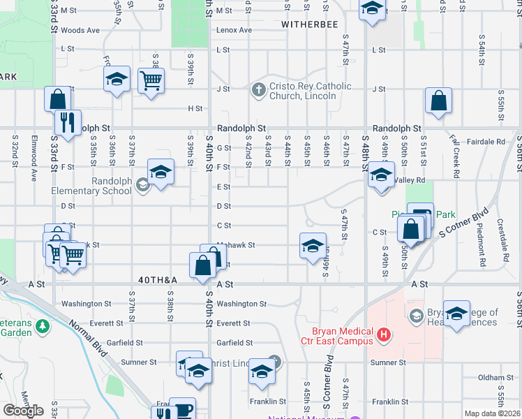 map of restaurants, bars, coffee shops, grocery stores, and more near 4236 D Street in Lincoln