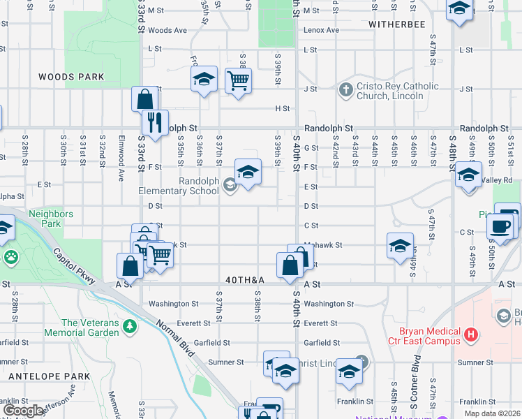 map of restaurants, bars, coffee shops, grocery stores, and more near 945 South 38th Street in Lincoln