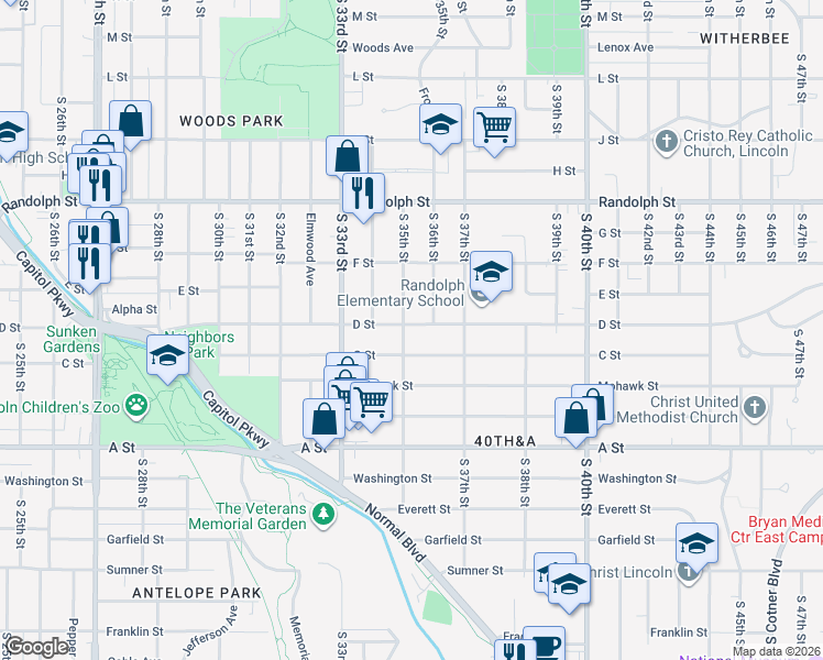 map of restaurants, bars, coffee shops, grocery stores, and more near 1029 South 35th Street in Lincoln