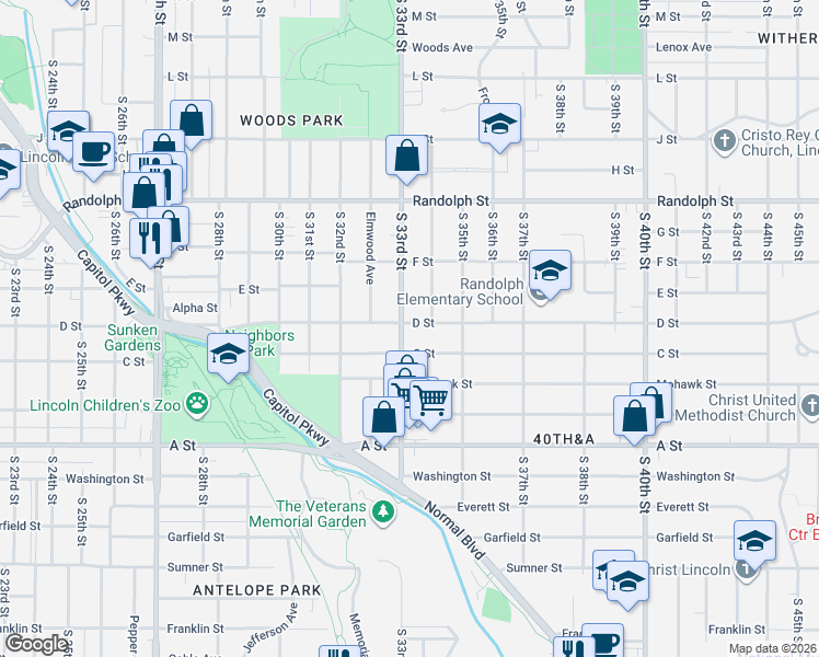 map of restaurants, bars, coffee shops, grocery stores, and more near 1027 South 34th Street in Lincoln