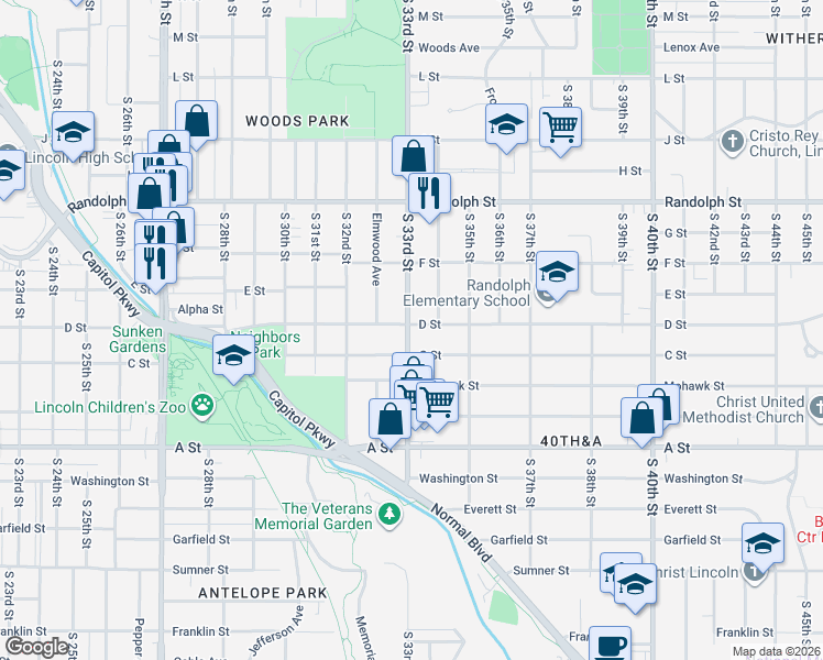 map of restaurants, bars, coffee shops, grocery stores, and more near 1027 South 34th Street in Lincoln