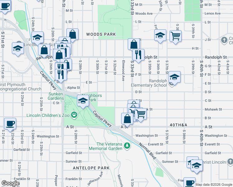 map of restaurants, bars, coffee shops, grocery stores, and more near 1042 South 32nd Street in Lincoln