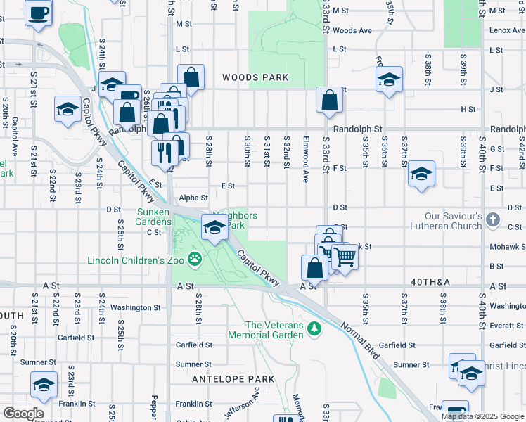 map of restaurants, bars, coffee shops, grocery stores, and more near 1035 South 31st Street in Lincoln
