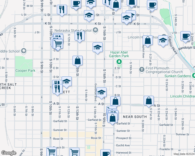 map of restaurants, bars, coffee shops, grocery stores, and more near 1518 D Street in Lincoln