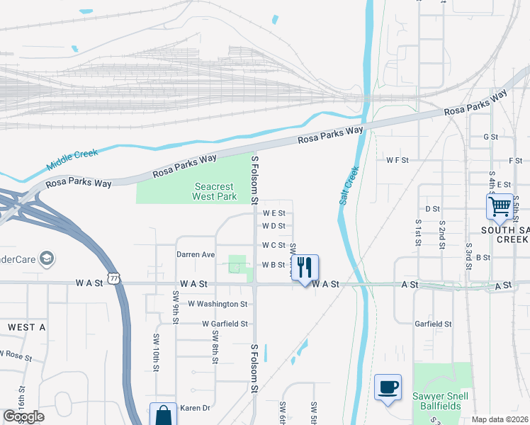 map of restaurants, bars, coffee shops, grocery stores, and more near Southwest 6th Street in Lincoln