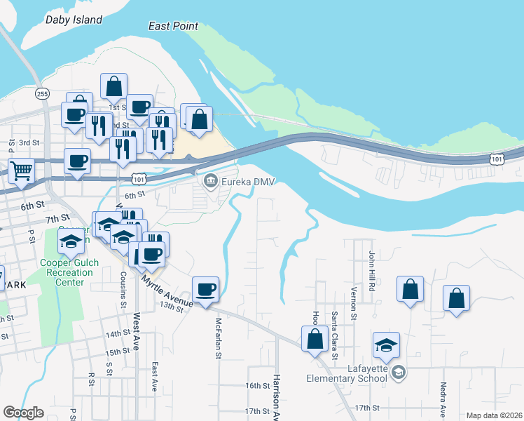 map of restaurants, bars, coffee shops, grocery stores, and more near 600-760 Bay St in Eureka