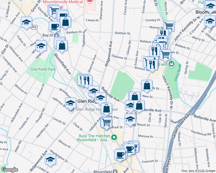 map of restaurants, bars, coffee shops, grocery stores, and more near 69 High Street in Glen Ridge
