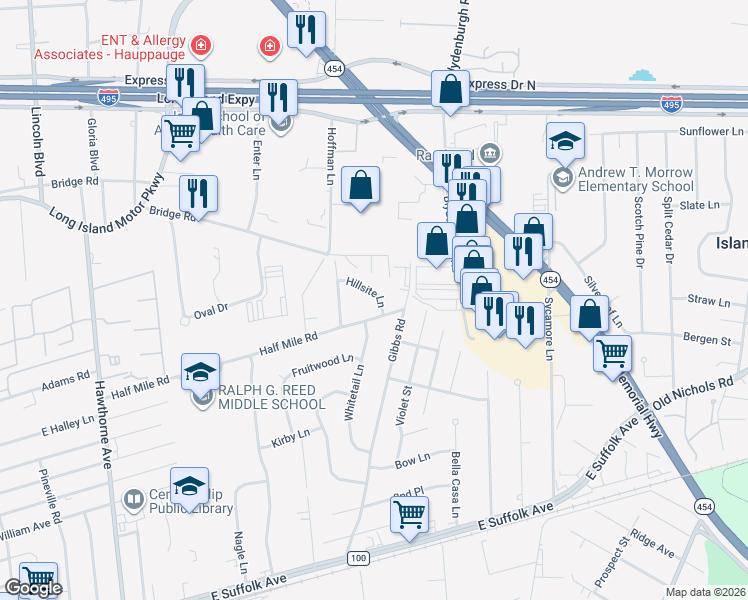 map of restaurants, bars, coffee shops, grocery stores, and more near 24 Hillsite Lane in Central Islip