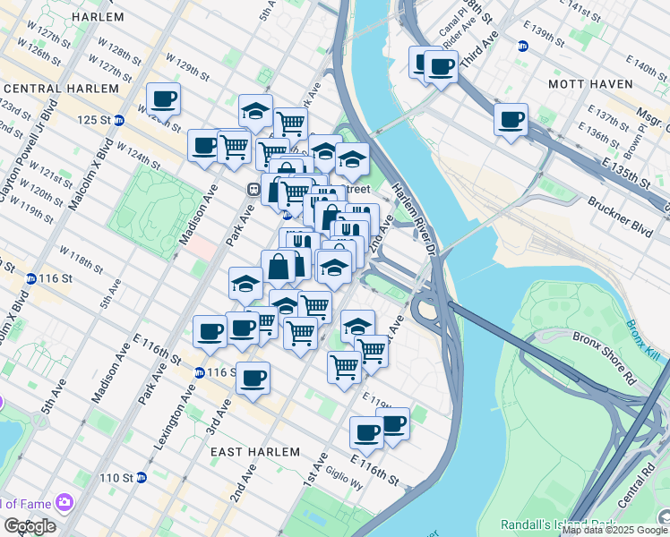 map of restaurants, bars, coffee shops, grocery stores, and more near 224 East 125th Street in New York