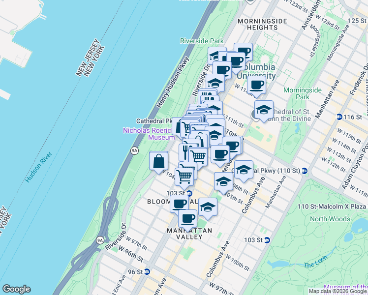 map of restaurants, bars, coffee shops, grocery stores, and more near 400 West 107th Street in New York
