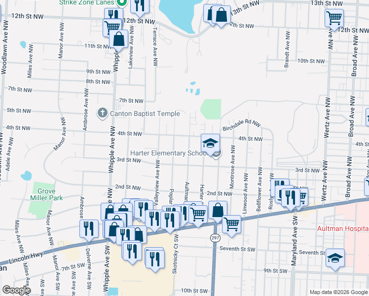 map of restaurants, bars, coffee shops, grocery stores, and more near 360 Poplar Avenue Northwest in Canton