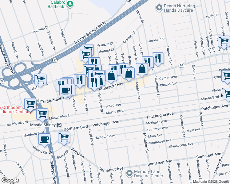 map of restaurants, bars, coffee shops, grocery stores, and more near 1160 County Road 80 in Mastic