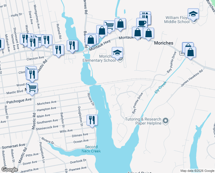 map of restaurants, bars, coffee shops, grocery stores, and more near 390 West Shore Court in Moriches