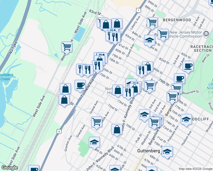 map of restaurants, bars, coffee shops, grocery stores, and more near 1501 75th Street in North Bergen
